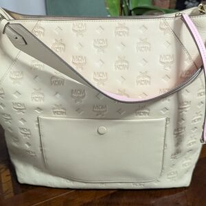 MCM Cream and Pink Tote Bag with Monogram Design